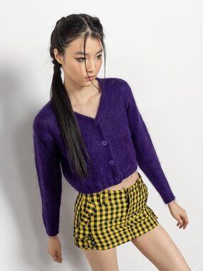 CROPPED MOHAIR SWEATER Vintage Cardigan Sheer Button Up Delicate Purple / Small